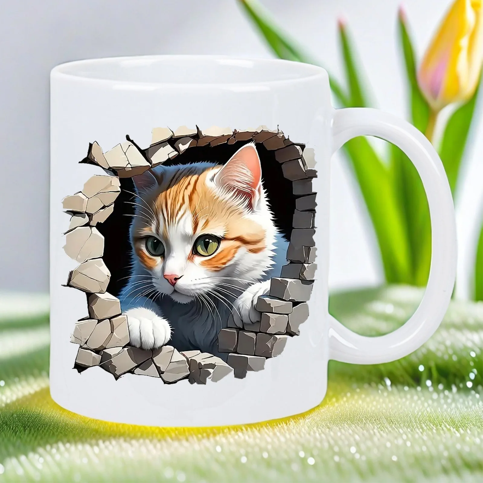 Whimsical Cat Escape White Ceramic Mug with Adorable Kitten Design - Artistic Novelty & Tea Cup, Dishwasher Safe (for hand washi