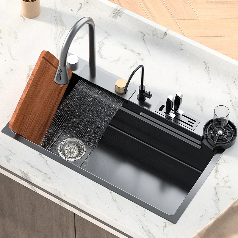 Kitchen Sink With Waterfall Faucet Stainless Steel Blcak Large Size Multifuctional Smart Basin Left Drain Above Counter