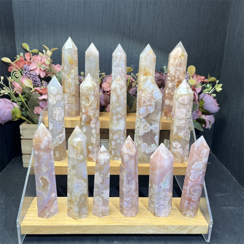 Natural Crystal Wand Flower Agate Tower Cherry Blossom Agate Point For Home Decoration