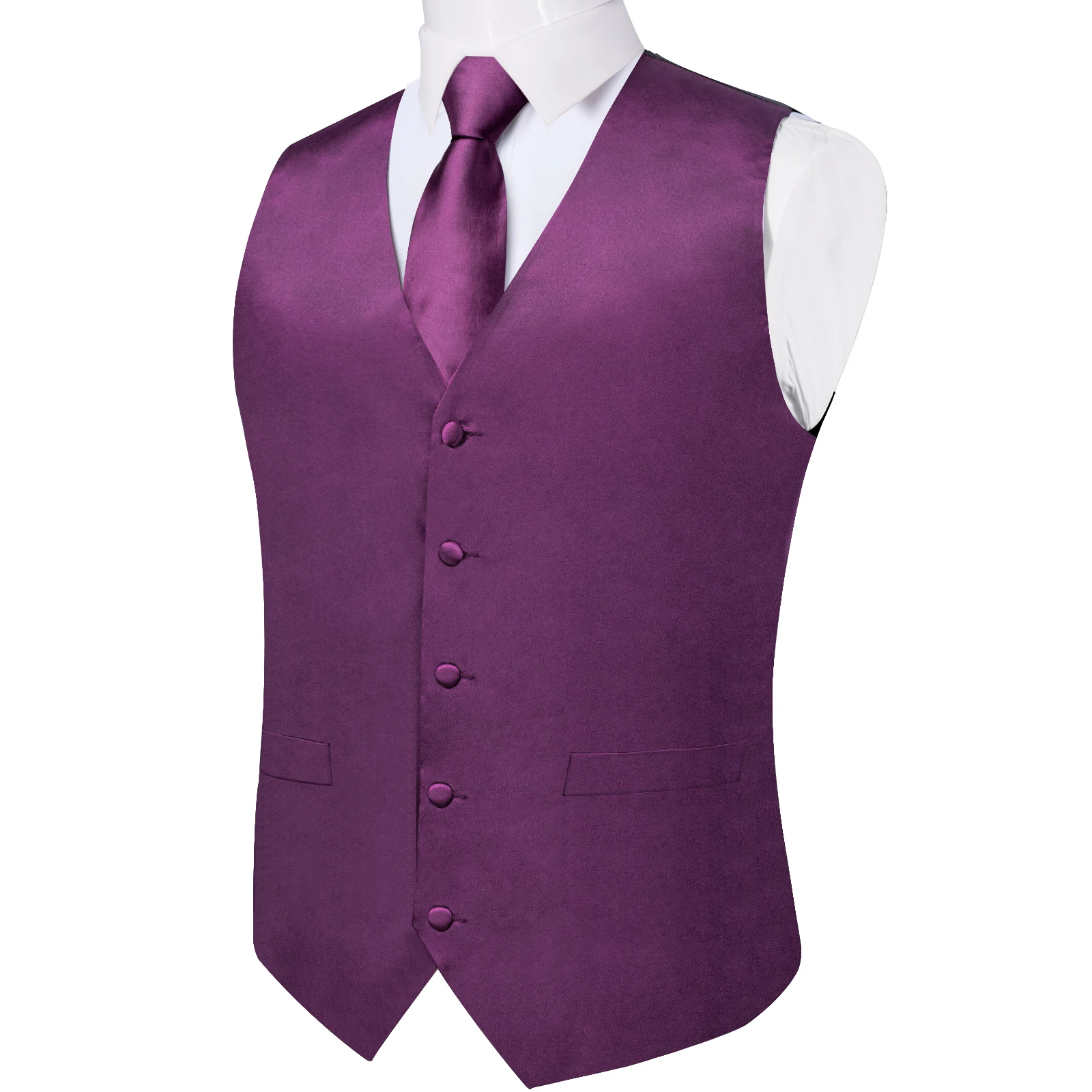 Satin Purple Solid Men\'s Vest Necktie Pocket Square Cufflinks Set Sleeveless Waistcoat for Wedding Business chaleco hombre Gifts