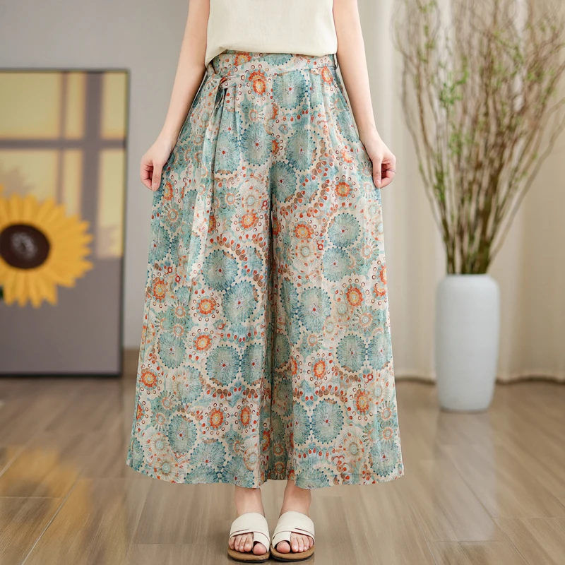 Artistic Vintage Print Loose Wide Leg Pants Nine-Tenths Casual Cotton Linen Skirt Pants Women's Comfortable Elastic Waist
