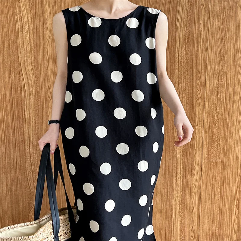 Summer New Design Feeling Machine Open Back Drawstring Dotted Linen Material Dress Korean Sleeveless Tank 120