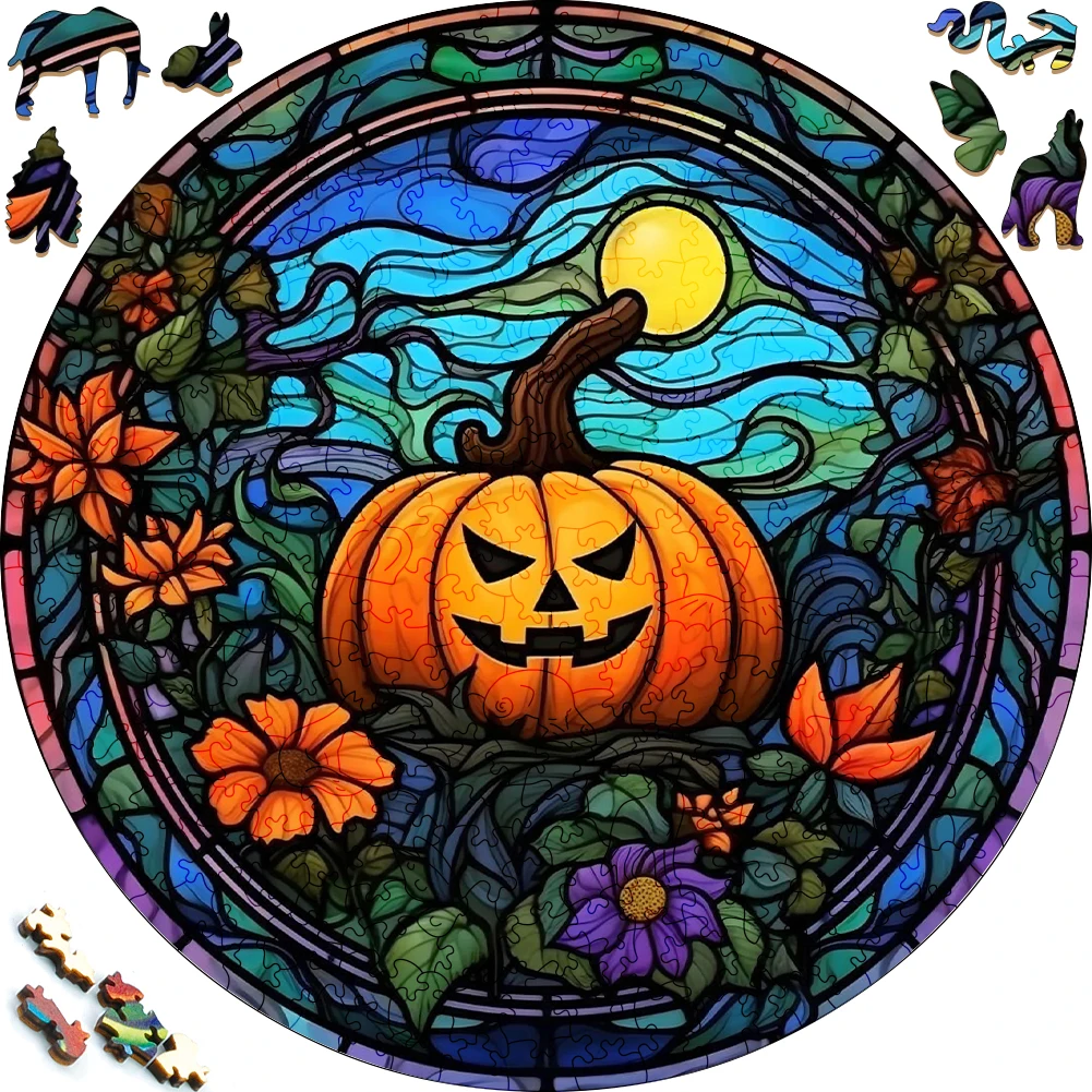 

Halloween Wooden Puzzle Funny Painted PumpkinToy Animal Wood Puzzles Smart Games Round Shaped Jigsaw Puzzle Best Gift For Adults