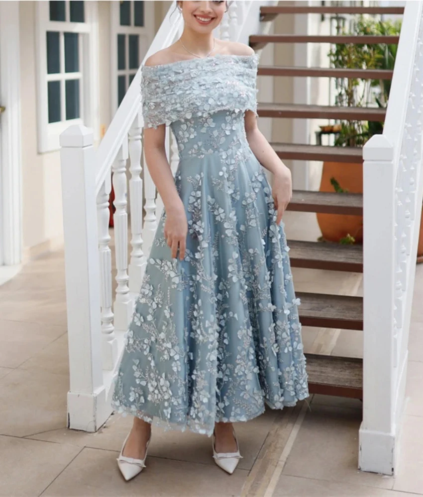 

Customized Exquisite Tulle A-Line Off the Shoulder Flowers Sequined Beading Evening Dress High Quality Boat Neck Prom Gowns