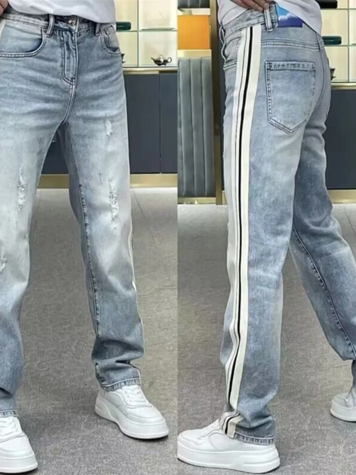 

Summer New Men's Loose Wide Leg Jeans Bla White Stripes Splicing Faionable Casual Pants High Waist Straight Tube Jeans