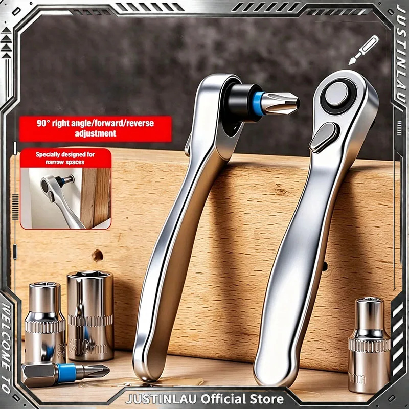JUSTINLAU 1/4 Inch Mini Right Angle Ratchet Wrench, 90° Reversible Bit Driver Socket Wrench for Tight Narrow Spaces