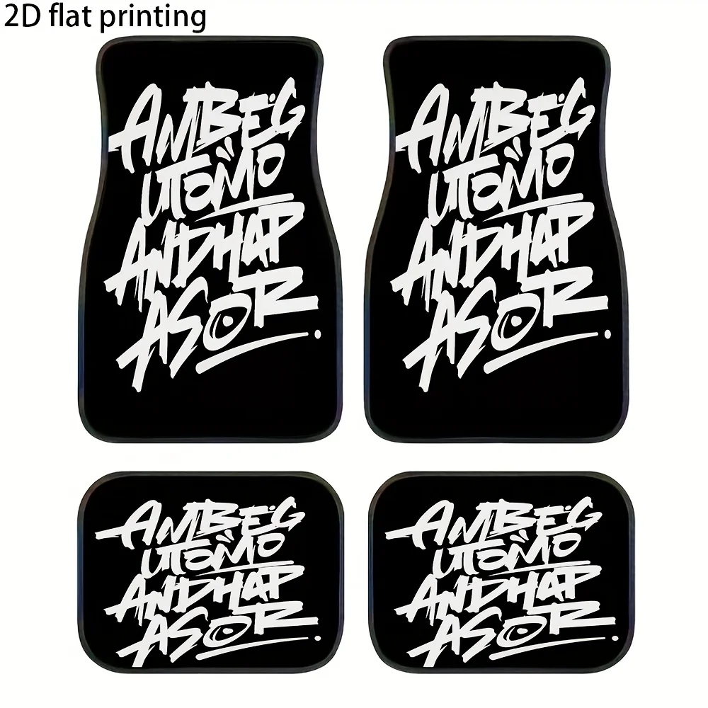 4pcs Car Floor Mats, White Graffiti Letters On A Black Background Pattern, Made Of Polyester Fiber, Universal Car Mats, Suitable