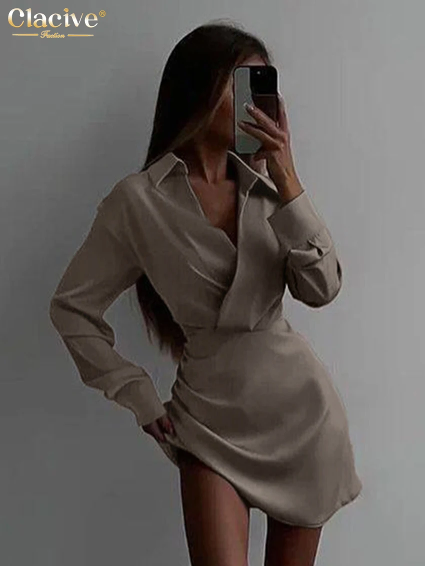 Clacive moda magro vestido de cetim branco senhora bodycon lapela manga longa mini vestido elegante clássico sólido vestidos para mulher 2025