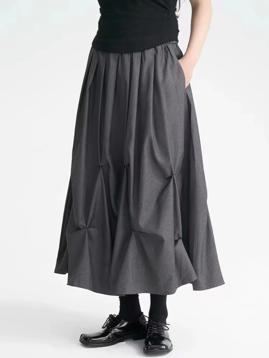 Dark Style  Skirt Women's Spring Summer Black Pleated Skirt Design Sensation  Brand Withdrawn A-Line Midi Skirt