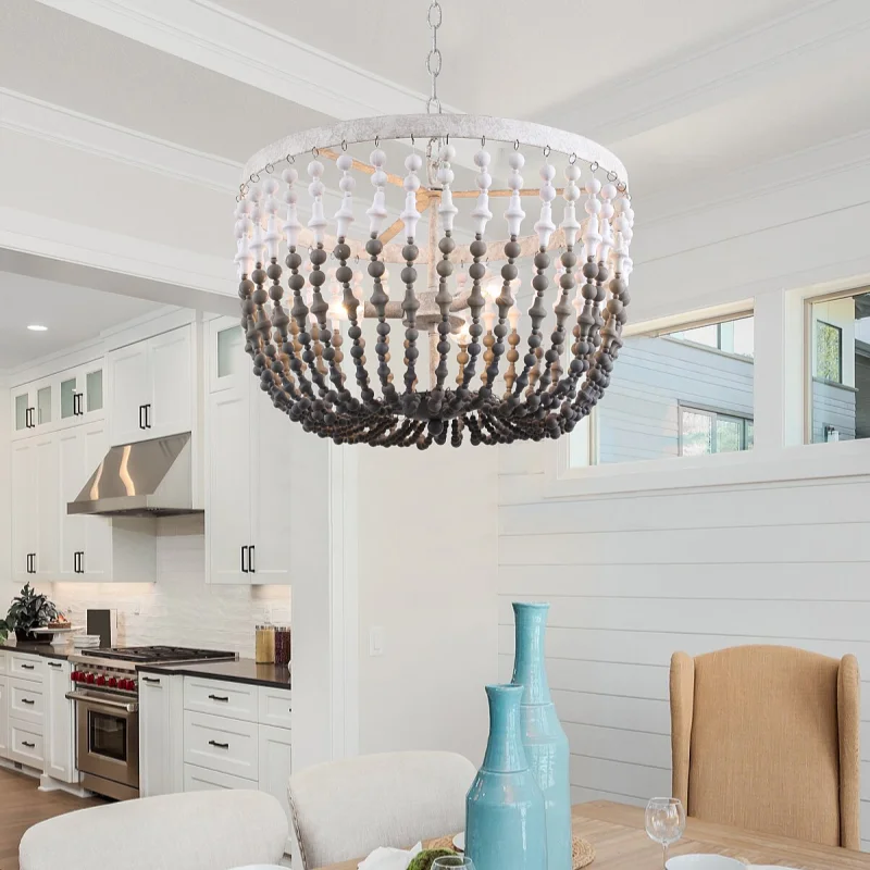 Europejska Retro Luksusowa Amerykańska Lampa Wisząca do Restauracji Hotelowej Mały Drewniany Żyrandol z Koralików z Oprawką E12 do Salonu