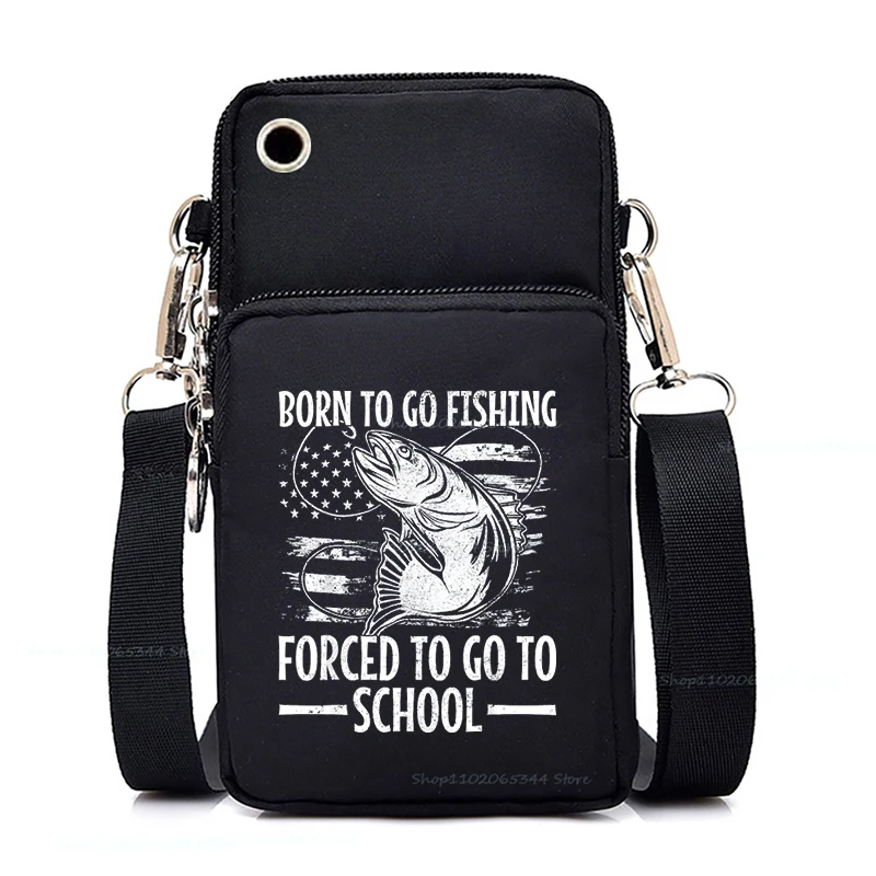 

Мужская маленькая сумка через плечо с графическим принтом "Рожден для рыбалки, вынужден ходить в школу", на молнии, для мобильного телефона, сумка-мессенджер для рыбака