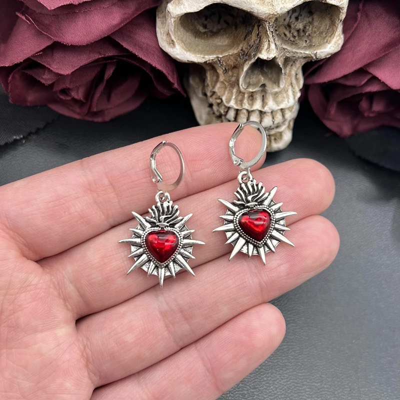 1 Pair Flaming Sacred Heart Earrings Enamel Thorns Sacred Heart Mexican Jewelry Earrings Sacred Heart of Jesus Religious Jewelry