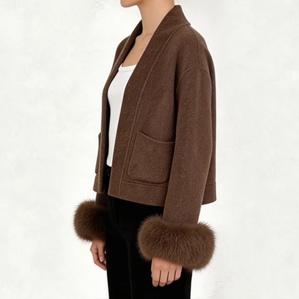OFTBUY Elegante Warme Oberbekleidung Damen Luxus Doppelseitiger Wollmantel Winter Offene Fronttasche Echte Fuchspelz-Manschetten Wollmantel – Detail 6
