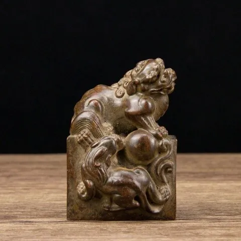 Miscellaneous Collection Double Lion Seal Decoration Old Item Copper Seal Feng Shui Lion Seal Decoration