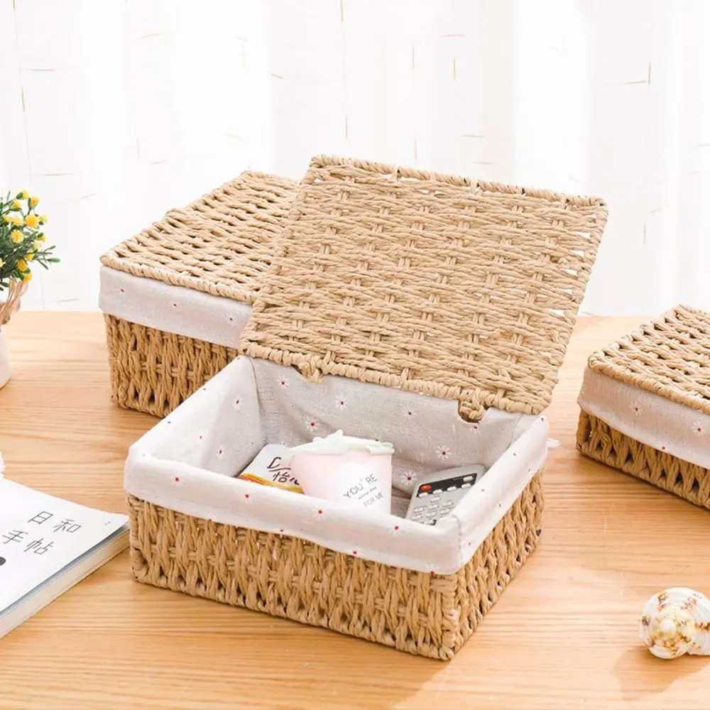 

Hand Woven Wicker Storage Baskets Household Bohemia Decorative Bins Rectangular Portable Storage Basket Desk Decoration