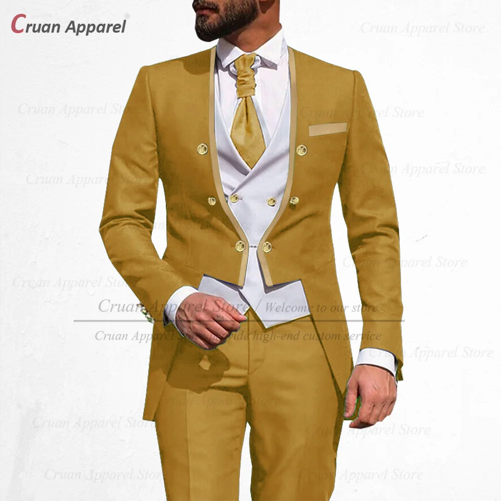 Custom Luxury Blue Men\'s Suit Sets 3 Pieces Fashion Wedding Suit for Men Best Man Tailcoat Gold Buttons Jacket Vest Pants Tuxedo