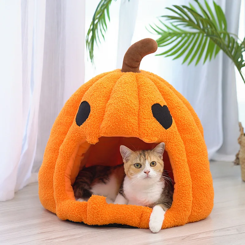 Halloween Pumpkin Cat Nest Autumn and Winter Warm Cat House Closed Cat Kennel Pets Halloween Pets