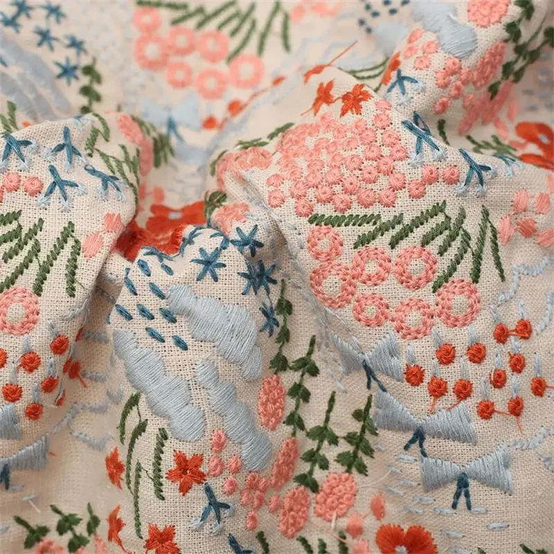 Flower Embroidered Cotton Linen Fabric Cotton Sewing Fabric Making Dress Clothing Cloth