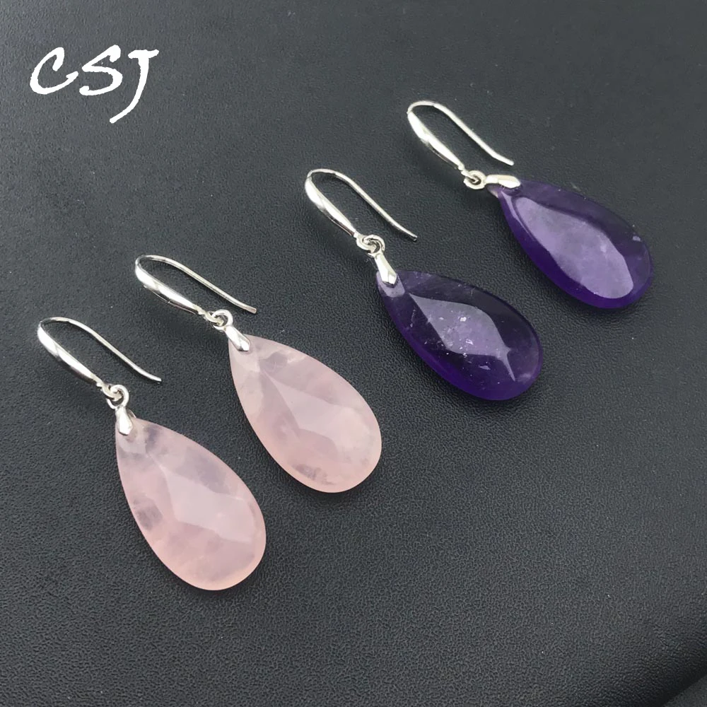 

CSJ Trendy Natural Rose Quartz Earrings Sterling 925 Silver Amtheyst Gemstone 13*25mm for Women Birthday Party Jewelry Gift