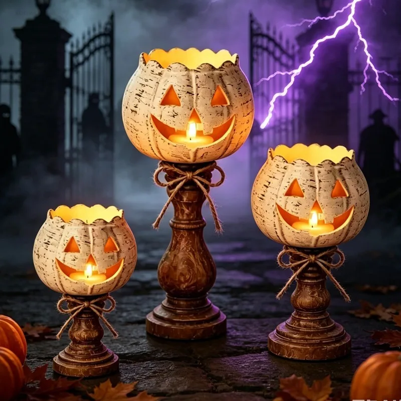 Halloween Lantern Light Pumpkin Candlestick Pumpkin Tealight Candle Holder Lamp Halloween Party Home Decor Ornaments Props Gifts