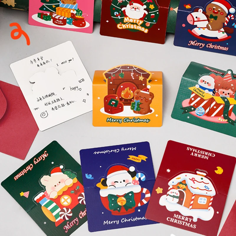 귀여운 3D 접이식 크리스마스 테마 인사 카드, 귀여운 축복 봉투, 쓰기 용지, DIY 휴일 선물 메시지 카드, 5 개/세트