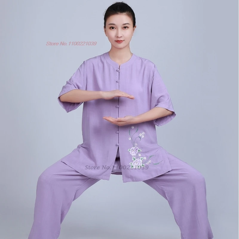 2024 traditional chinese taichi wushu uniform kungfu exercise training practice flower embroidery cotton linen martial arts set