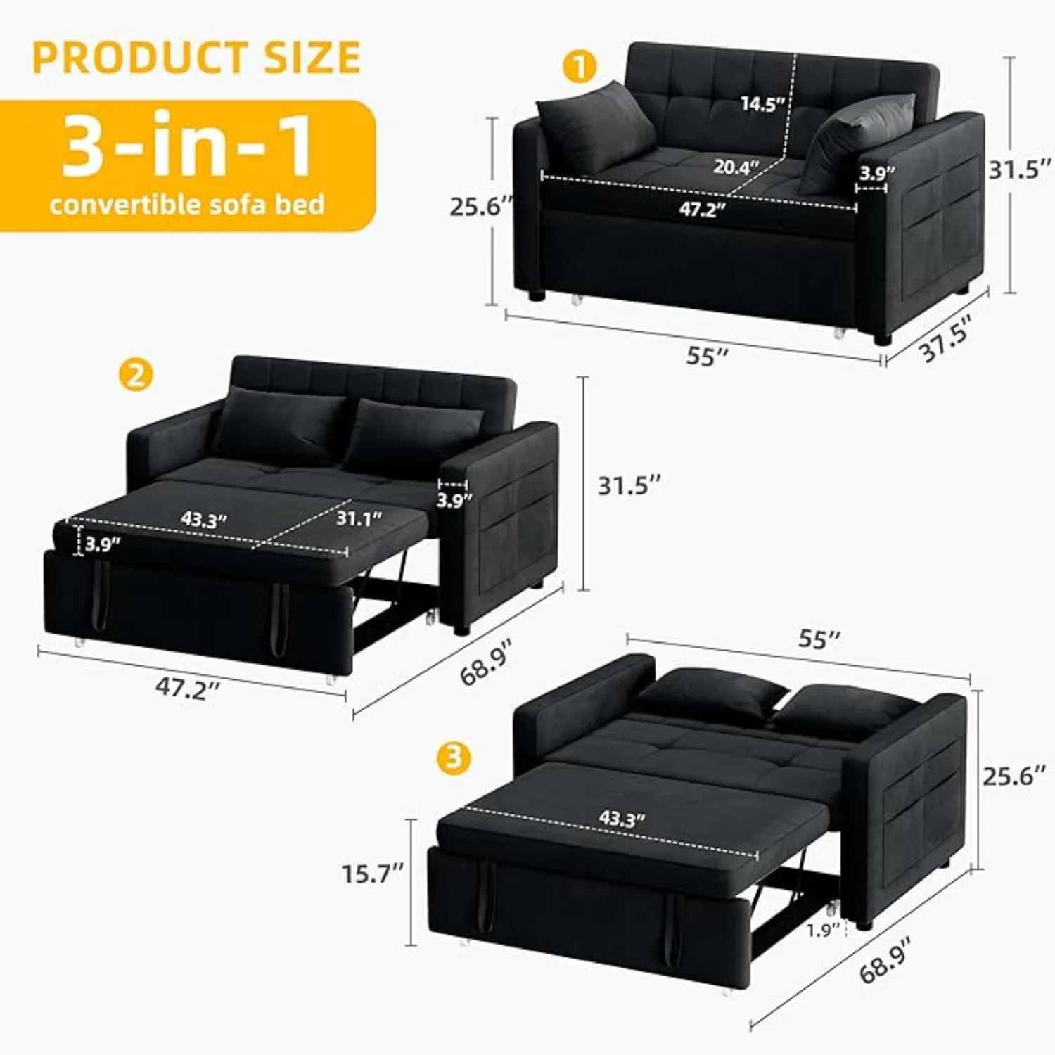 Sofá-cama conversível 3-em-1, cama dobrável, sofá-cama Futon de veludo, encosto ajustável e bolso lateral, 55 polegadas