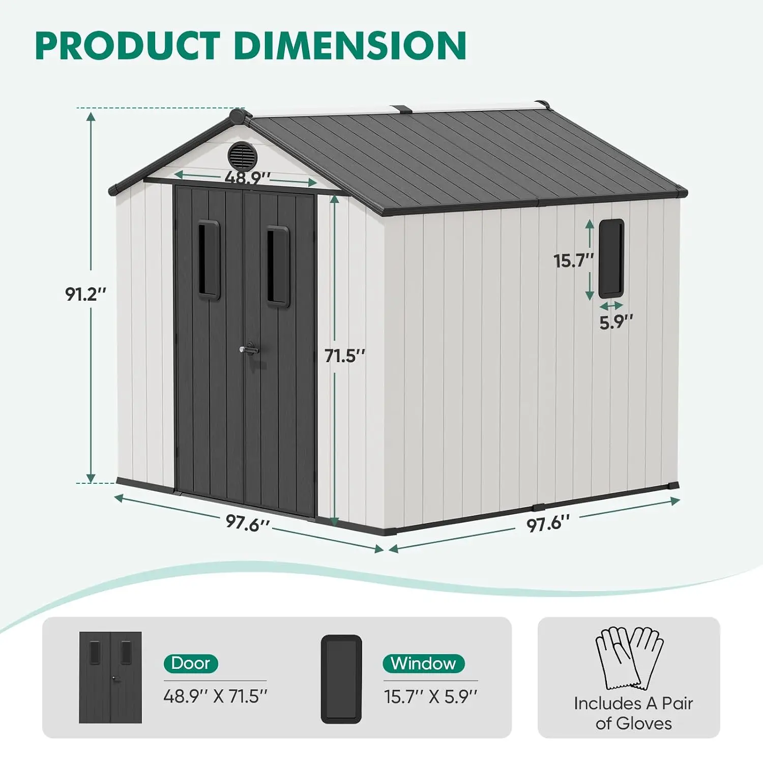 8x8 Outdoor Resin Storage Shed with Floor, Weatherproof Garden Tool House for Patio Backyard, White/Gray, Customized
