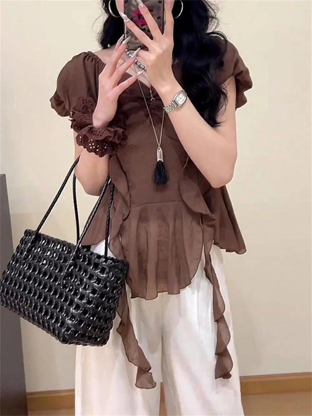 T-shirts doux à manches courtes pour femmes, style coréen, coupe ajustée, motif à pois, hauts noués, style Y2K, influence anime japonaise, mode estivale chic