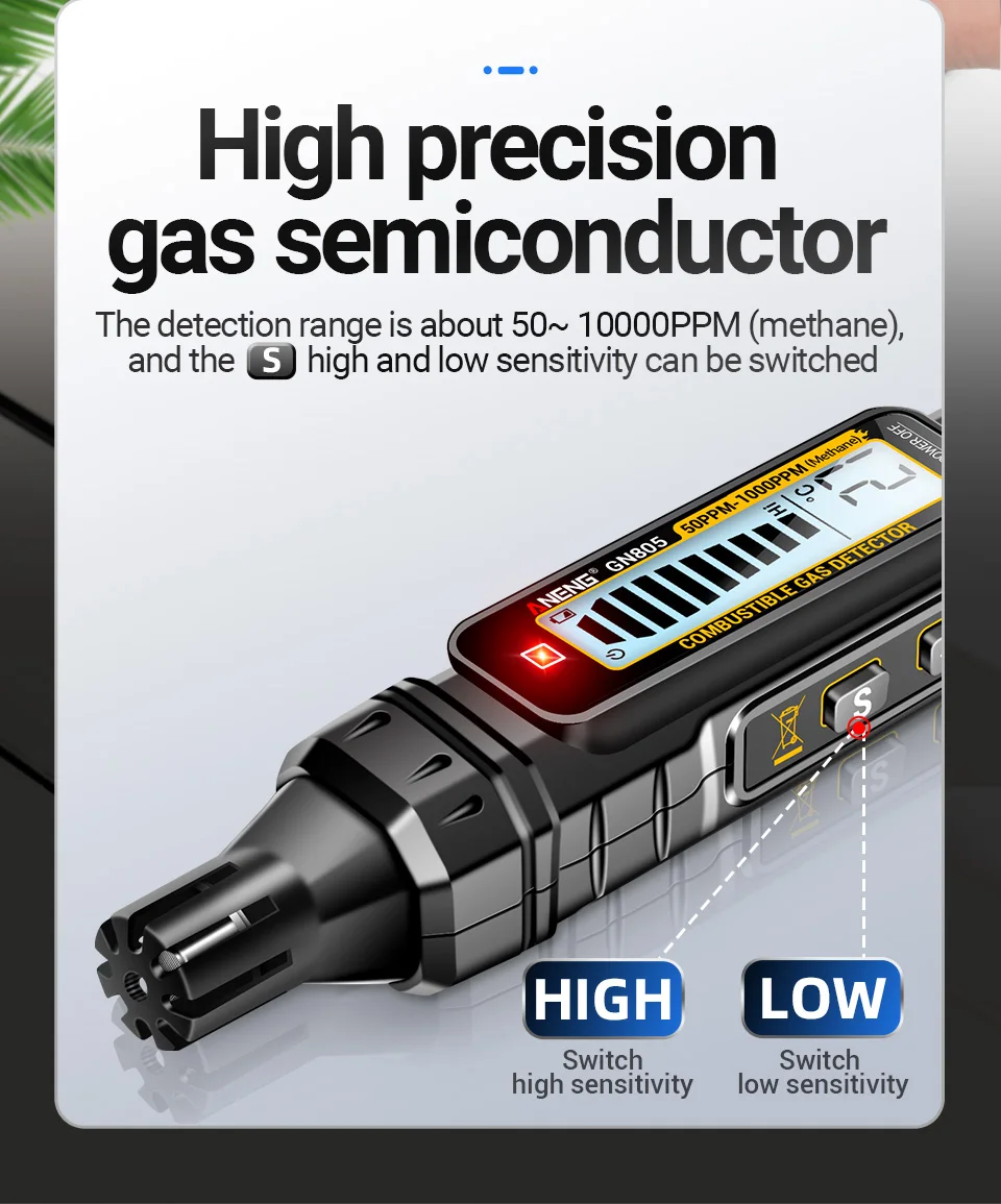ANENG GN805 Detektor für brennbare Gase, Gasanalysator, Gasleckmessgerät, 50–10000 ppm, akustischer Alarm, umweltfreundlich, mehrere erkennbar – Detail 6
