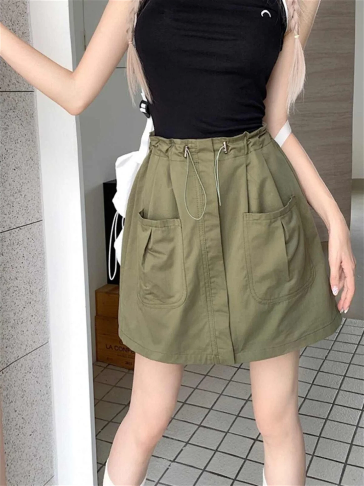 Green A-Line  Skirt Women's High Waist Drawstring Pocket Casual Style Commute City Walk Travel Shopping Summer 2026