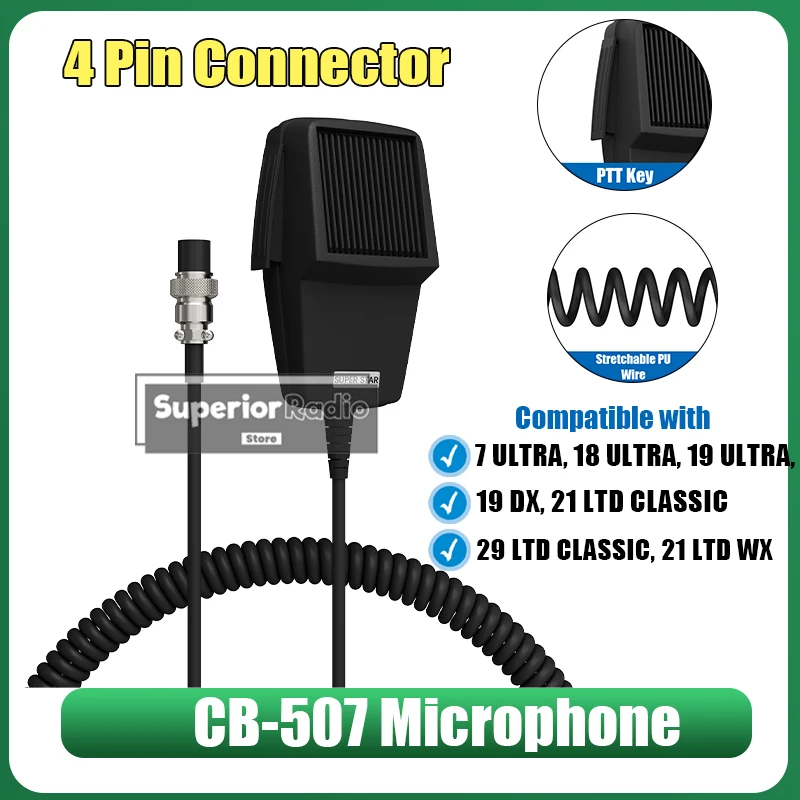 

CB-507 Microphone 4 Pin Connector Mobile Radio Speaker Mic DM-507-4 For Cobra Uniden Galaxy Two Way Radios with 29NW Cb Radio