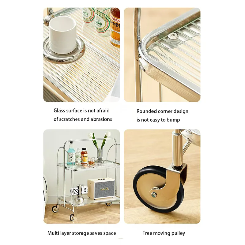 Foldable Mobile Cart Transparent Glass Cart Living Room Sofa Side Table Simple Lightweigh Modern Luxurious Wind Storage Rack.