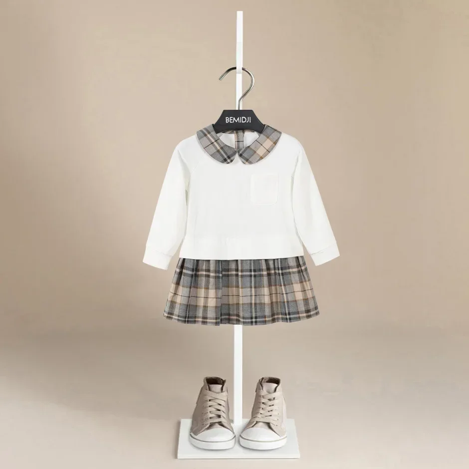 

Весенне-осеннее платье для маленьких девочек, дизайнерское платье с длинными рукавами и кукольным воротником, детское плиссированное модное детское повседневное платье