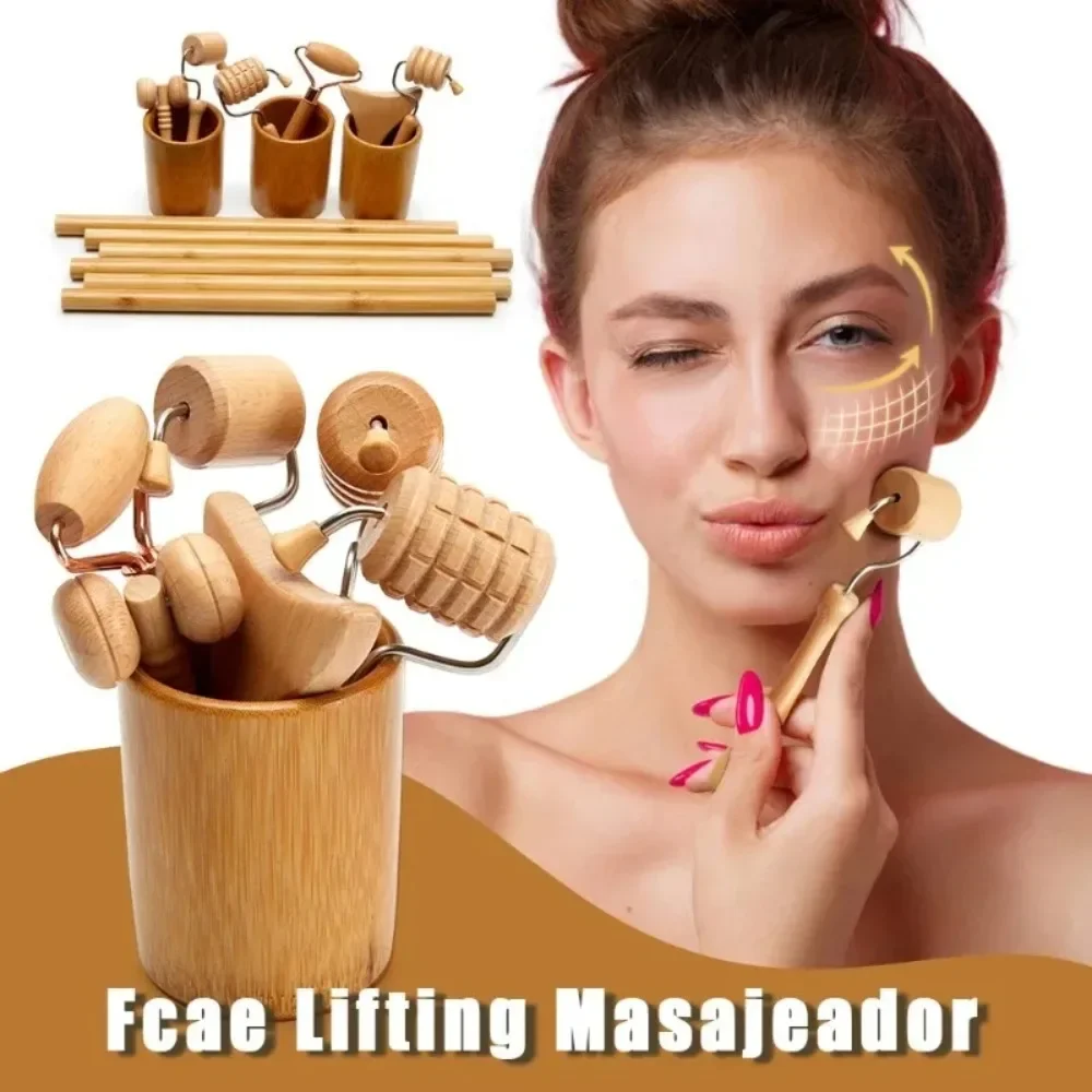 Face Roller Mini Wood Therapy Massage Roller Facial Lifting Wrinkle Remover Portable Slimming Gua Sha Scraper Tool Facial Tissue