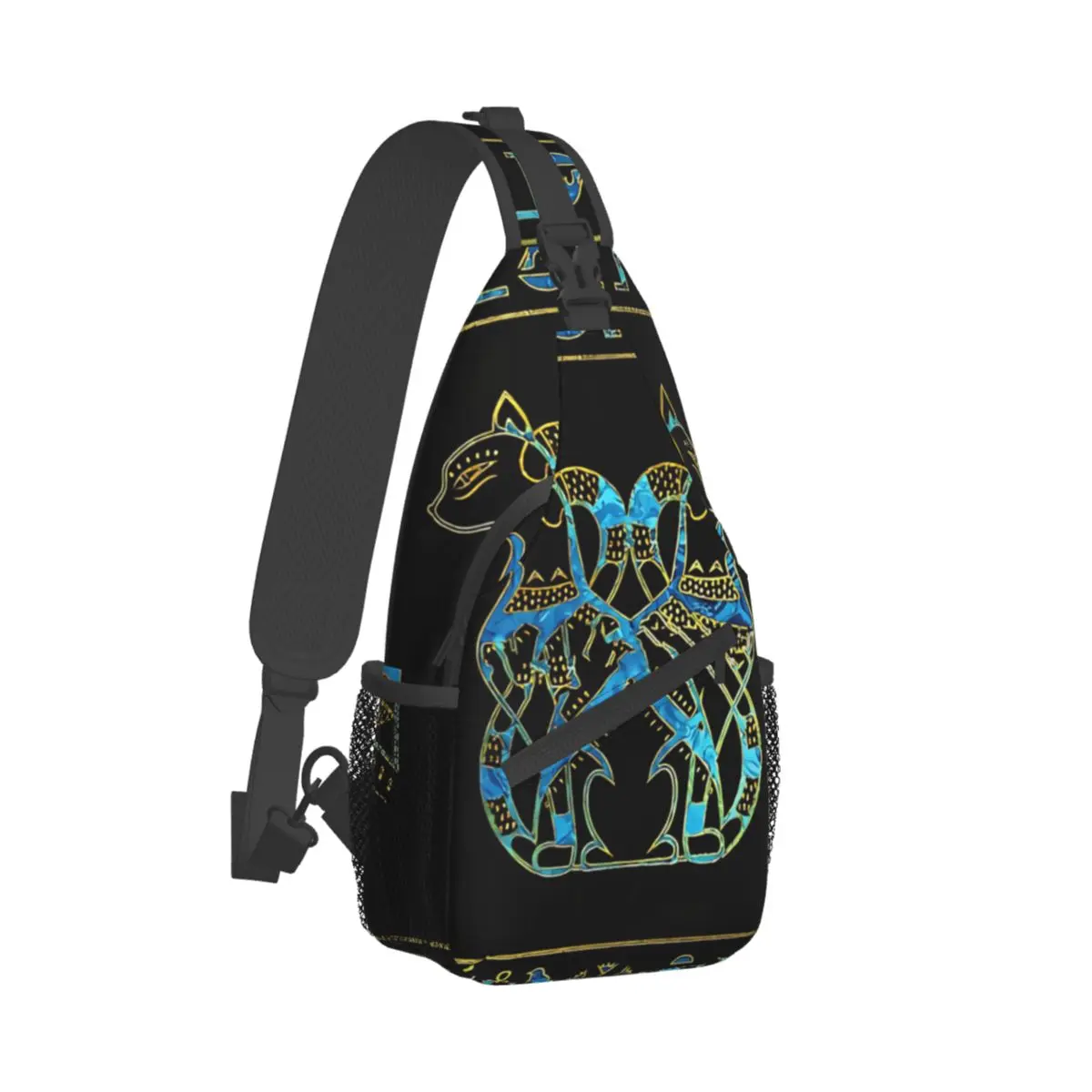 Egyptian Cats Gold And Blue Stained Glass Crossbody Chest Bags Pockets Travel Pack Messenger Sports Teens Shoulder Bag Unisex