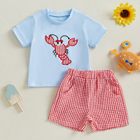 Toddler Baby Boy Summer Outfit Crab Lobster Embroidered Short Sleeve T-Shirts Plaid Shorts Infant Crawfish Clothes