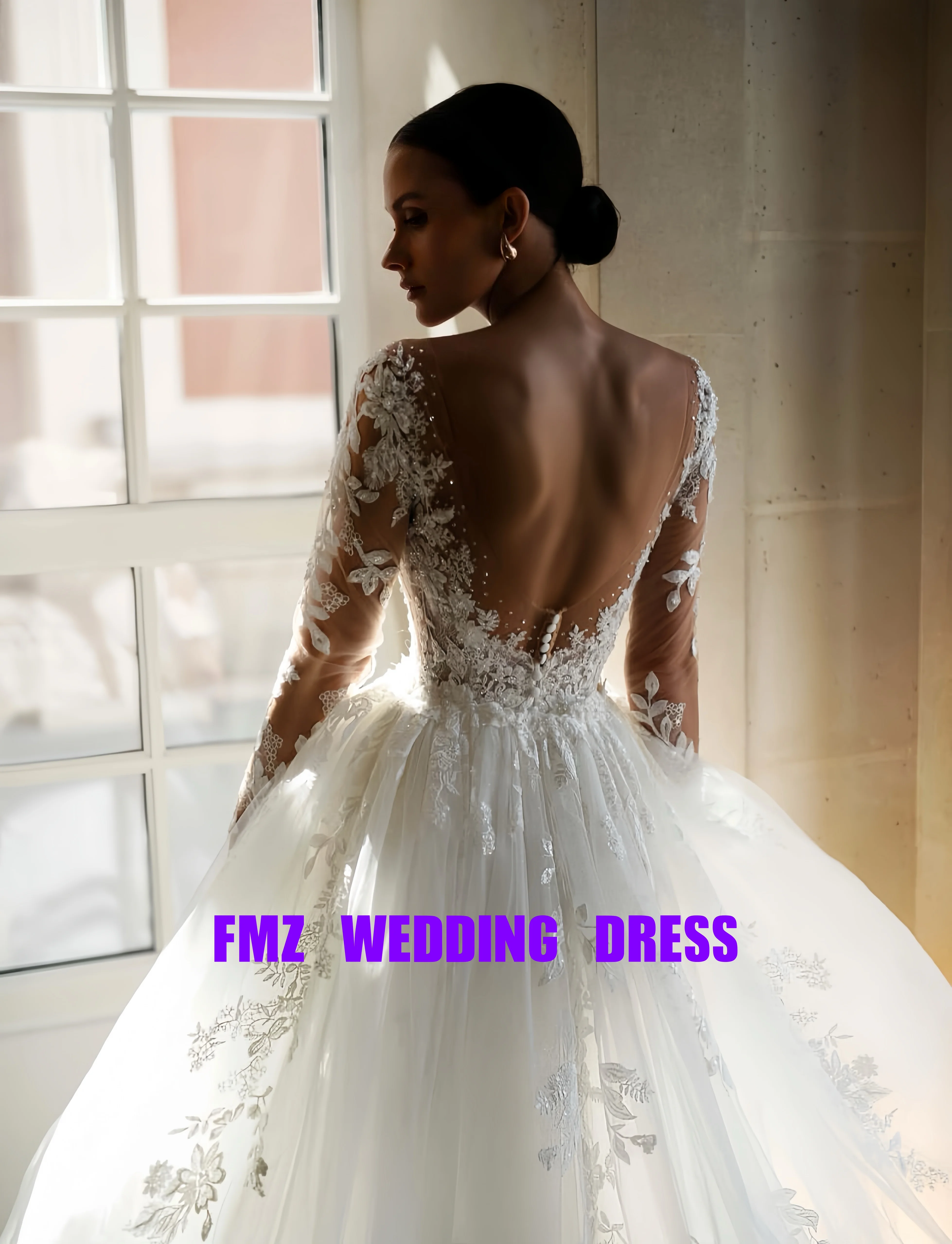 맞춤형 라운드넥 긴팔 머메이드 탈부착 가능한 꼬리 웨딩드레스 여성용 드레스 로브 드 마리에