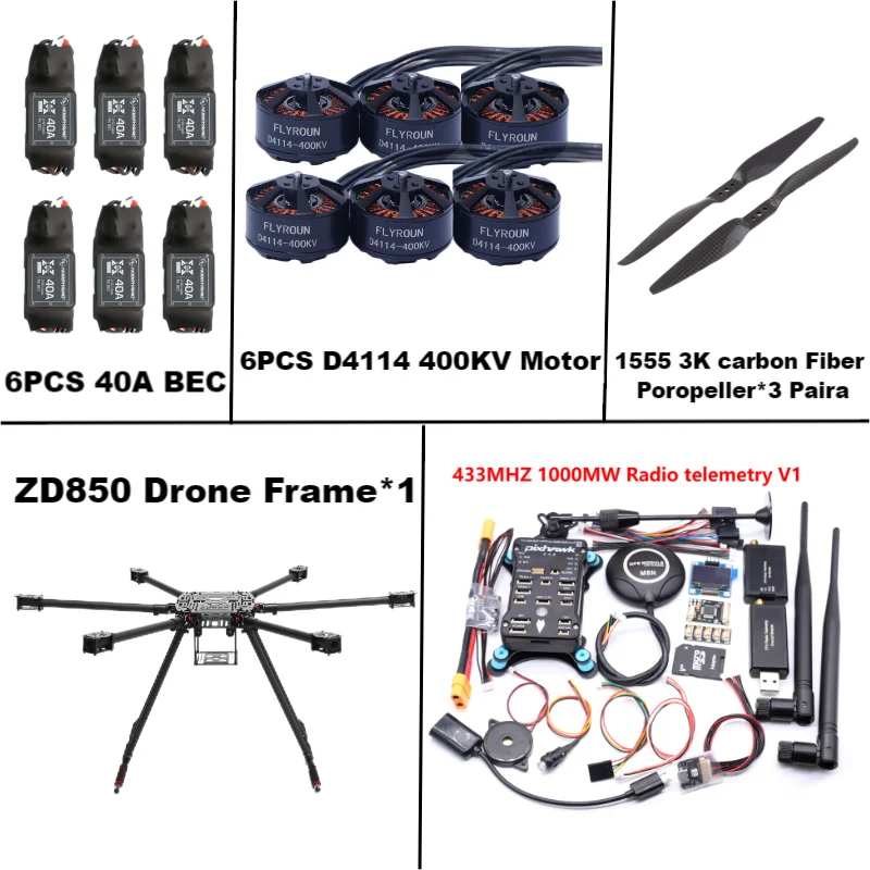 Angeltoy ZD850 2.4.8 M8N Full Carbon Fiber 850mm Hexa-Rotor Frame BLHELI 40A ESC Flight Comtrol Rado Telemetry  Set
