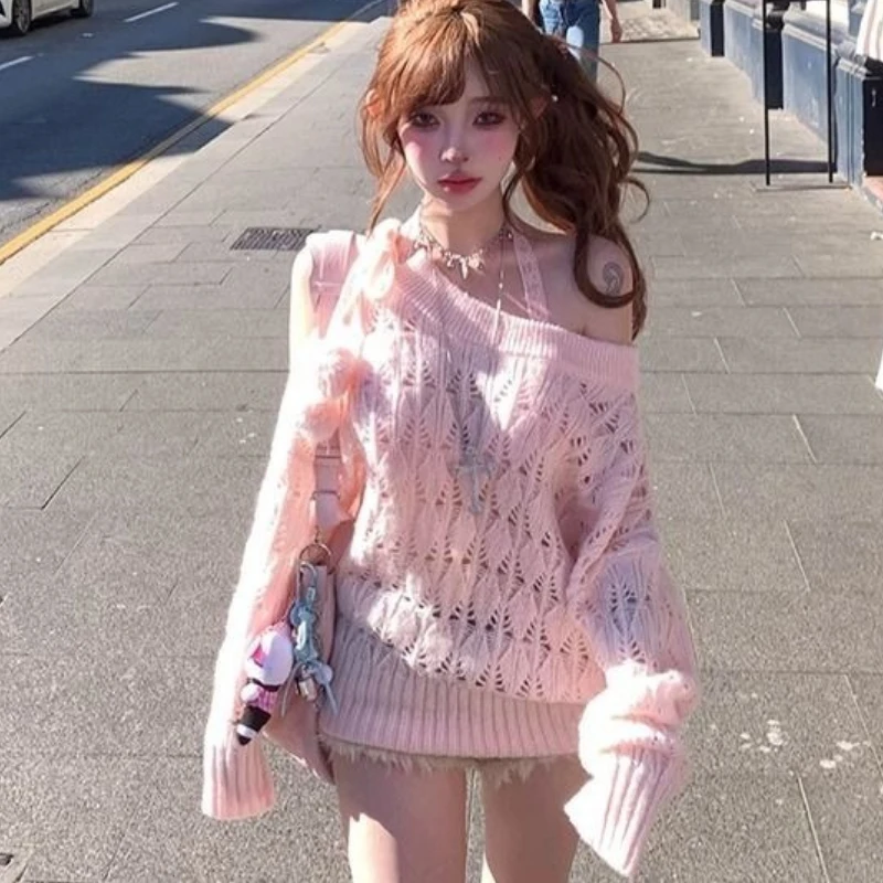 Sweet Women's Straps Off-the-shoulder Long Sleeves Design Knitwear Autumn Loose Cut-out Pullover Sweater Sweet Knitwear Tops