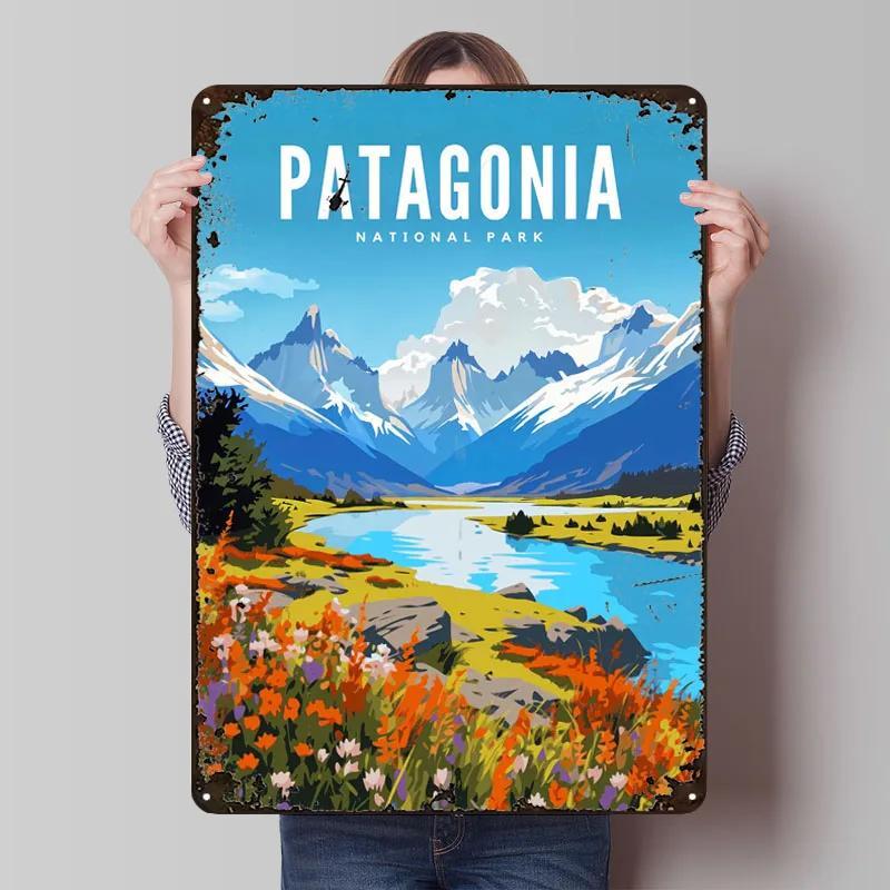 Póster de Metal del Parque Nacional de Patagonia, arte de pared de murales, carteles de estaño de Metal hechos a medida para decoración artística de pared del hogar, accesorios de Bar