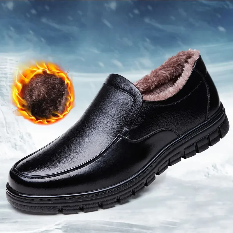 Winter Waterproof Men's Casual Leather Shoes Flannel High Top Slip-on Male Casual Shoes Rubber Warm Winter Cotton Shoes for Mens