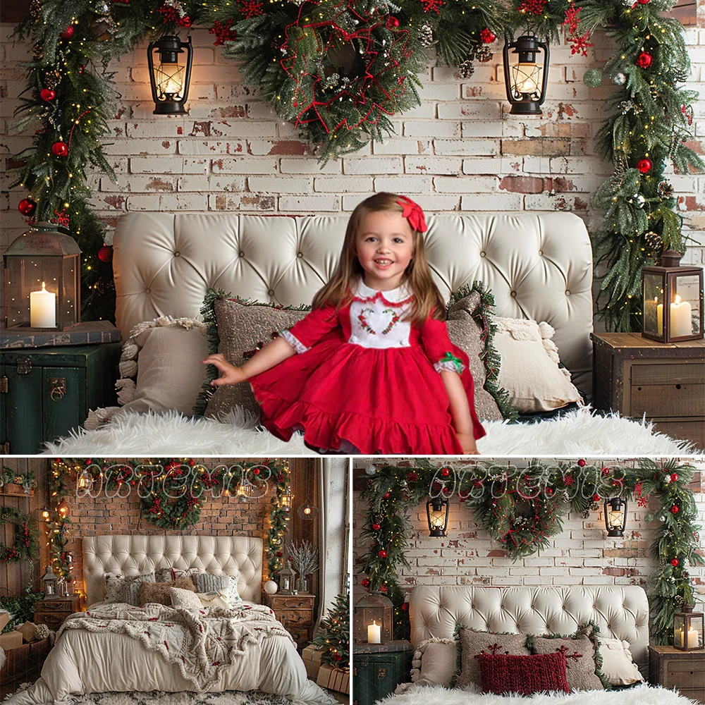 Christmas Photography Backdrop White Leather Headboard Christmas Wreath Lanterns Brick Wall Background Photo Studio Photocall