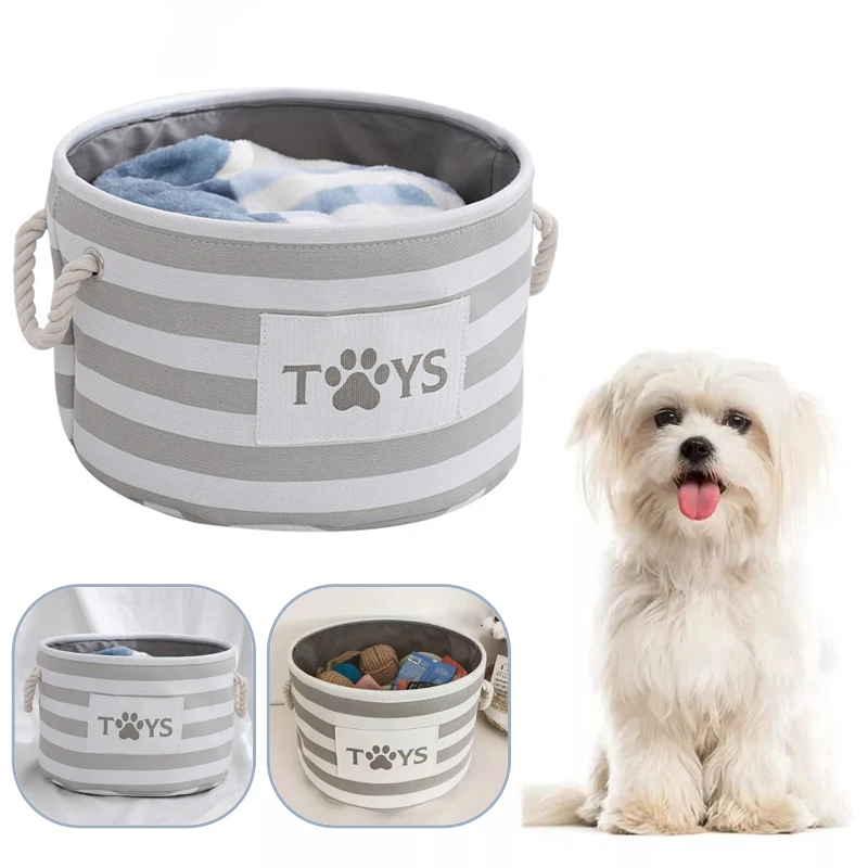 

Dog Sundry Storage Basket Large Capacity Foldable Striped Linen Storage Basket Cotton Rope Storage Dirty Clothes Basket