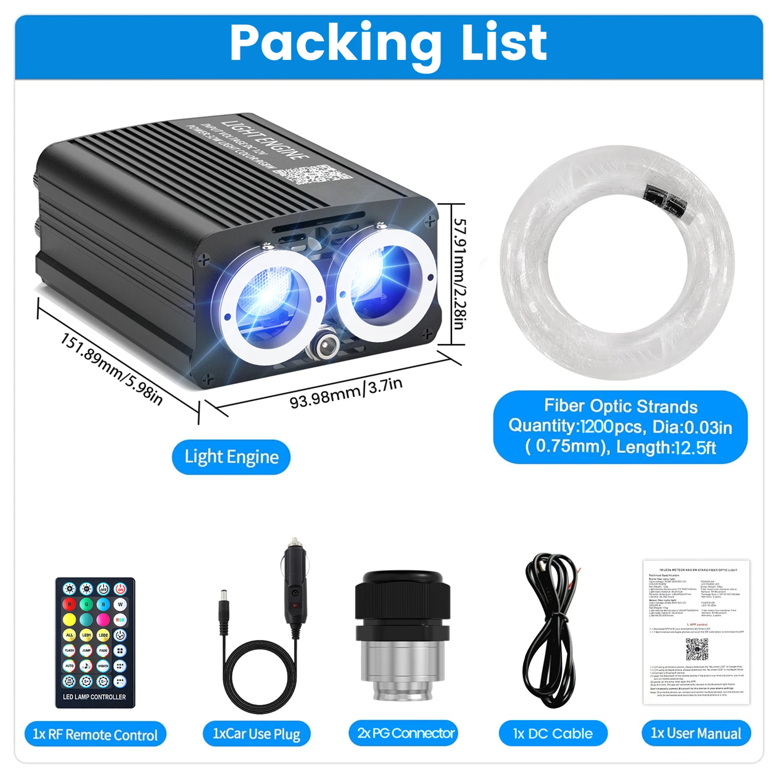 Twinkle Fiber Optic Starlight Headliner Kit, Single/Dual‑Head Sound Activated, APP & Remote Control, 1200pcs 6.5ft/9.8ft/13.1ft Strands With White Meteor, 500/550pcs Without Meteor for Car Home Star Ceiling Lights