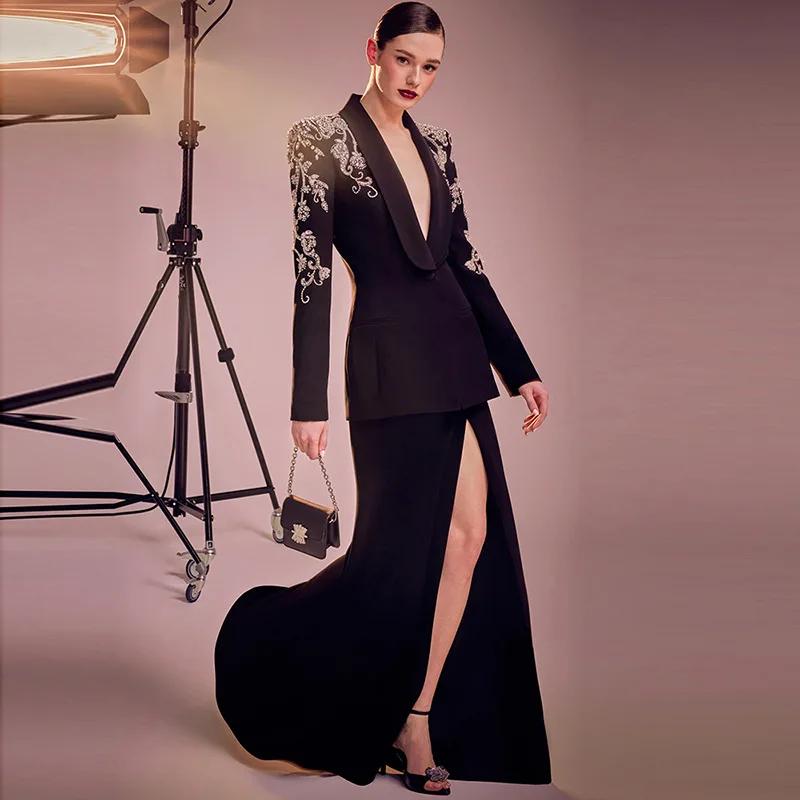 

High-End Luxury Diamonds Heavy Beaded Formal Suit Coat 2 Pieces Set High Street Elegant Women Sexy Jacket Split Skirt Set Outfit