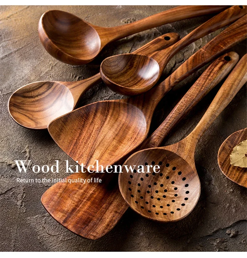 1-7pcs/set Teak Natural Wood Tableware Spoon Ladle Turner Rice Colander Soup Skimmer Cooking Spoon Scoop Kitchen Reusable Tool