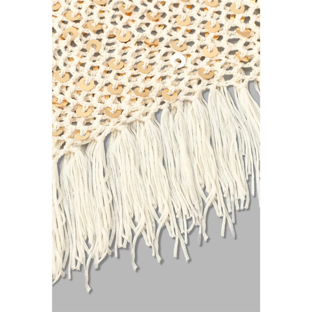 XS - XL Quasten Pailletten Einfarbige Häkel- und Strick-Tunika Strand-Überwurf Strandtop Strandkleidung Damen V8287 – Detail 14
