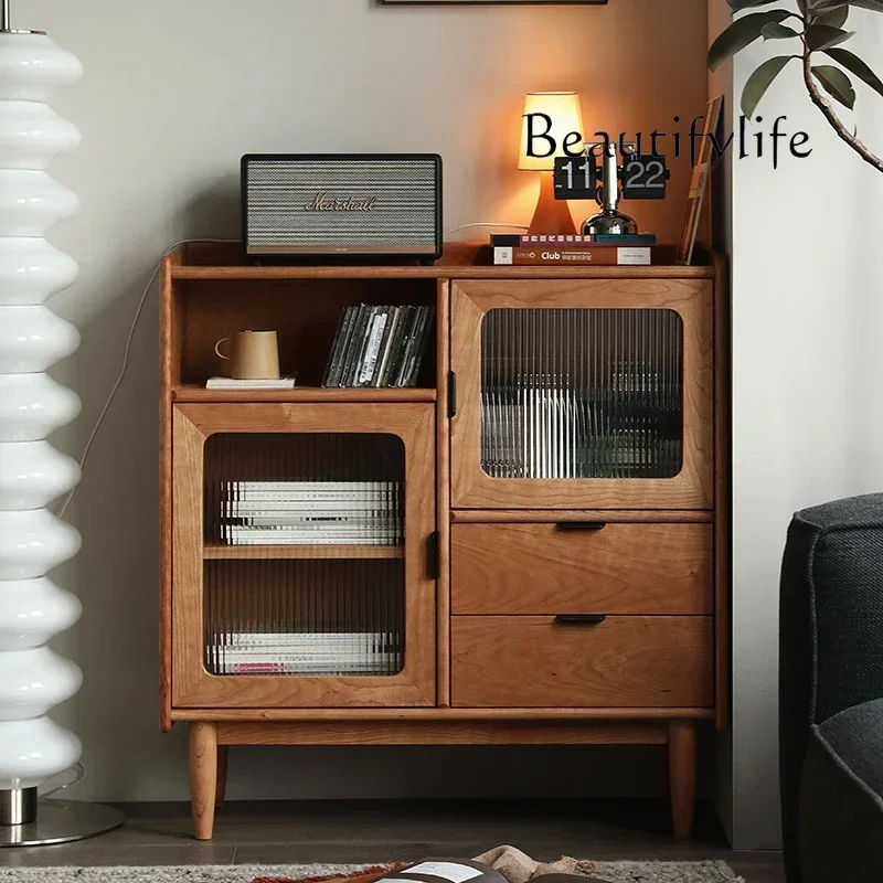 Nordic and Japanese Style Black Walnut Dining Side Solid Wood Cherrywood Changhong Glass Household Wall Side Storage Cabinet