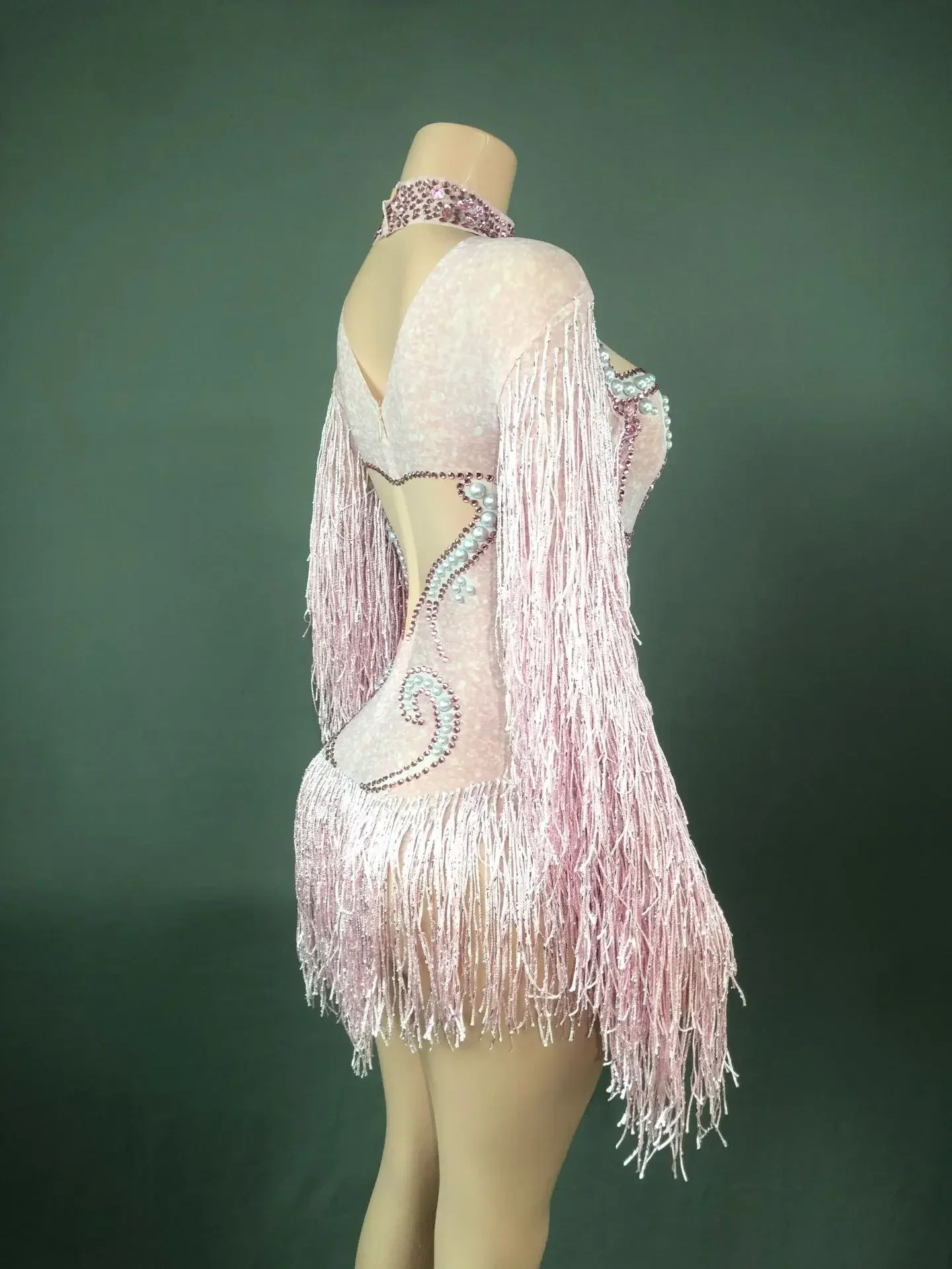 Neues Tanzkostüm für Frauen, Geburtstagsparty-Outfit, Luxuriöser Grauer Fransen-Body mit Silberfarbenen Strasssteinen und Perlen, Transparenter Bodysuit – Detail 10